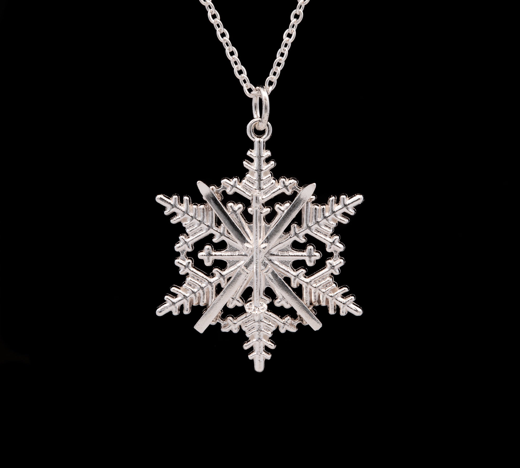 Ski Museum Snowflake and Skis Pendant With 18" Chain, Sterling Silver