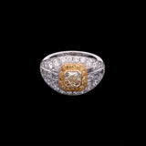 Platinum and 18K Yellow Gold Radiant Cut Diamond Ring With Yellow And White Diamond Accents