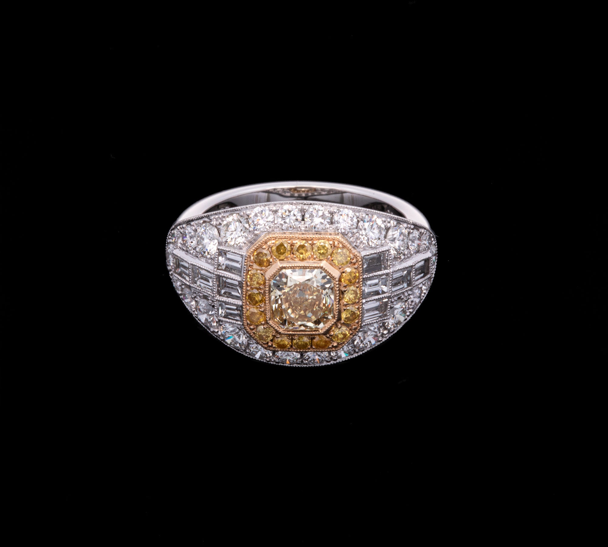 Platinum and 18K Yellow Gold Radiant Cut Diamond Ring With Yellow And White Diamond Accents