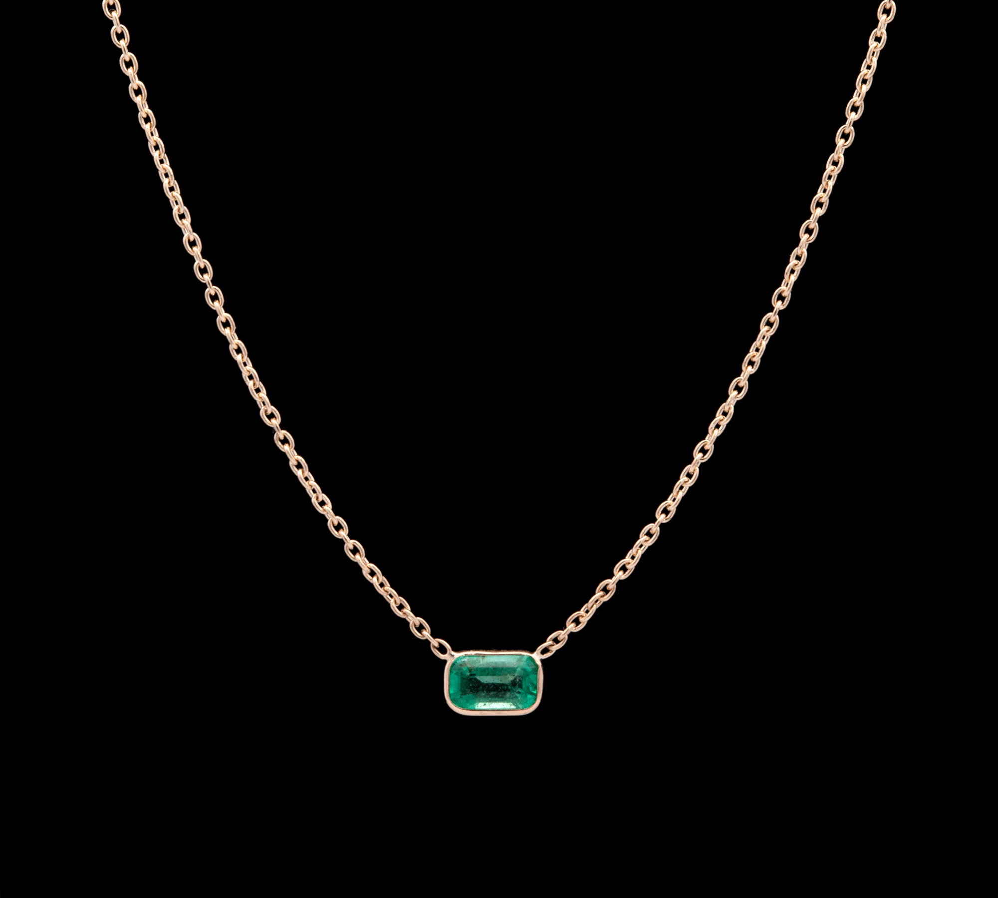 Custom 14K Yellow Gold Bezel Set Emerald Necklace, 18 Inches