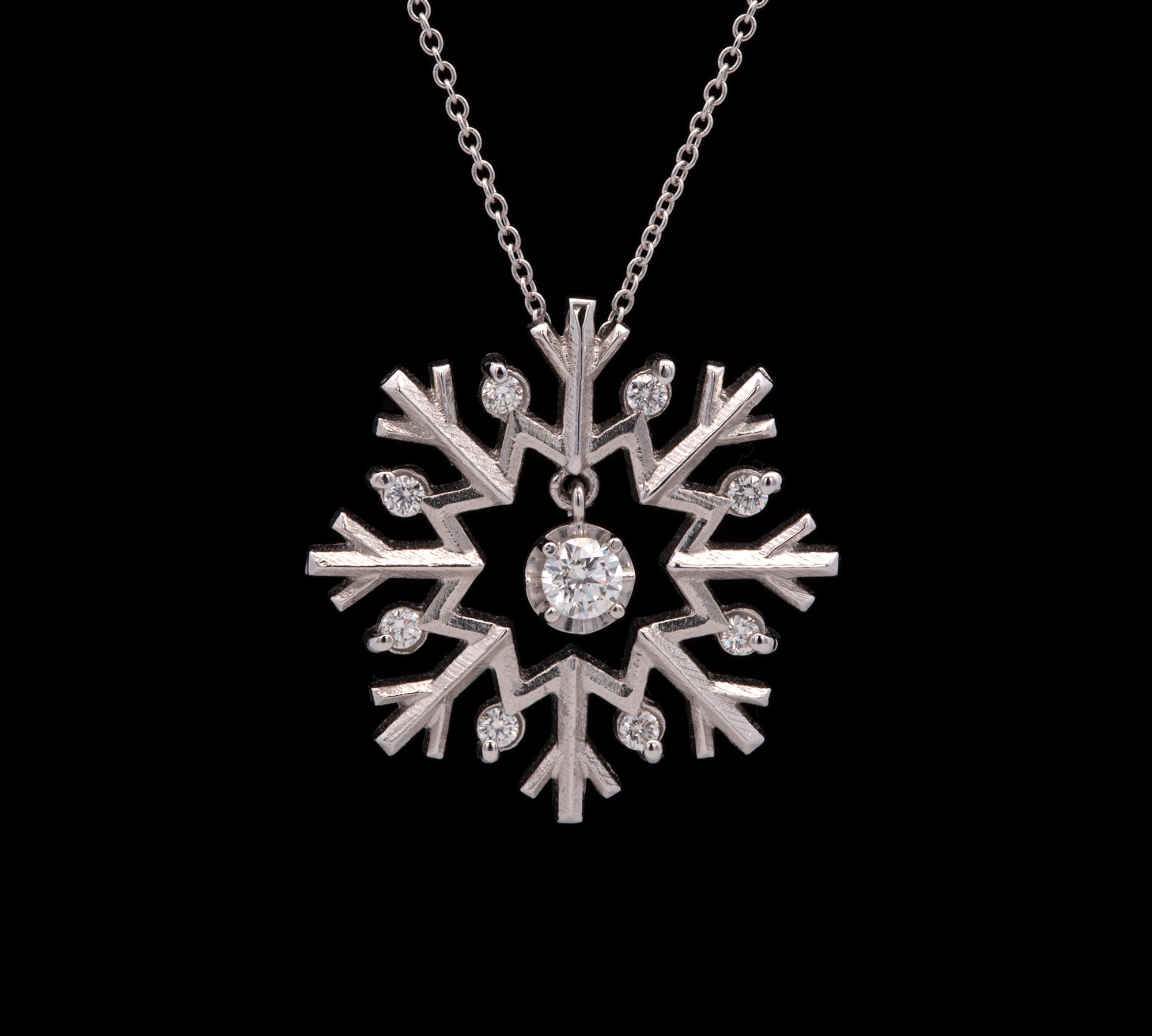 Cabot Large Diamond Dangle Center Snowflake Pendant With 18" Chain, 14K White Gold