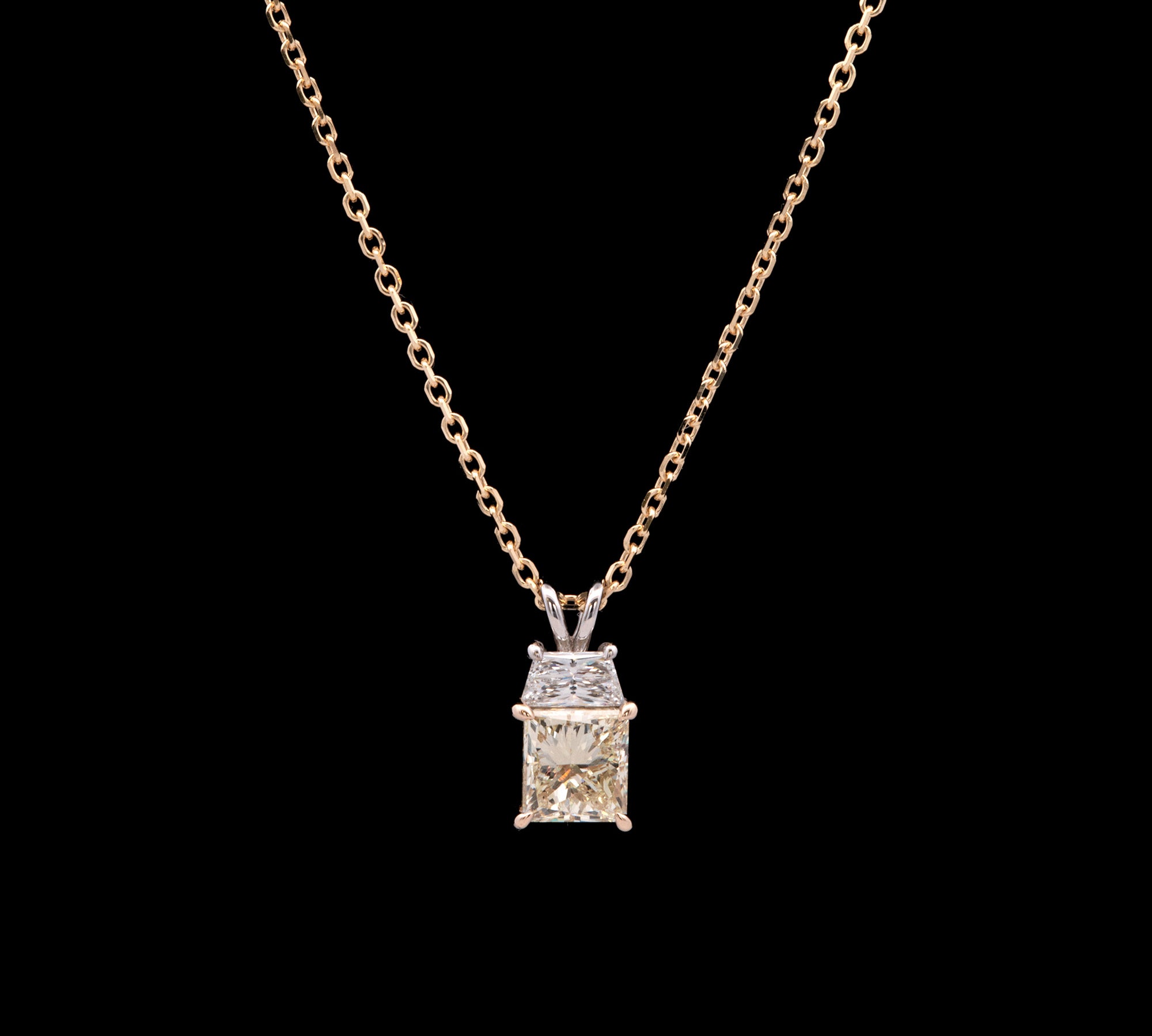 Custom 14K Yellow And White Gold Fancy Yellow Rectangular Radiant Cut Diamond And White Trapezoid Cut Diamond Pendant