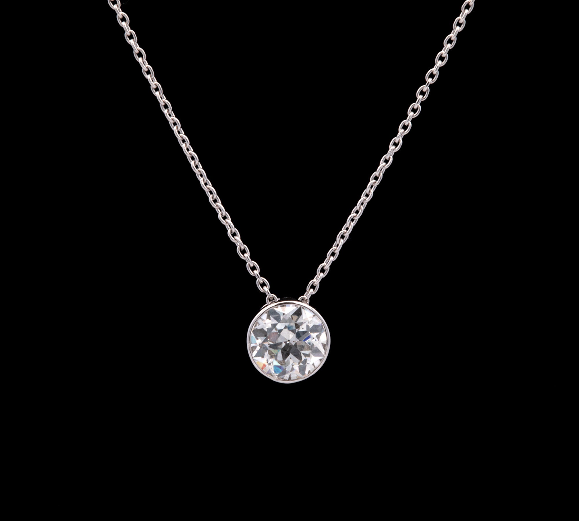 Custom 14K White Gold Thin Bezel Slide Style Solitaire 0.88ctw Diamond Pendant With 15.5 Inch Chain