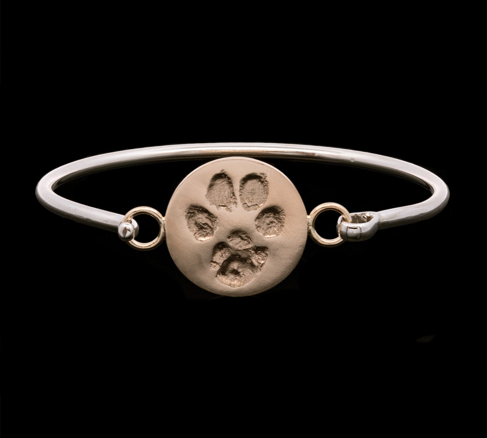 Custom Sterling Silver And 14K Yellow Gold Memorialized Dog Paw Print Hook Bracelet With Engraving