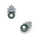 Custom 18K White Gold 11mm Peacock Green Tahitian Pearl And Diamond Cluster Stud Earrings