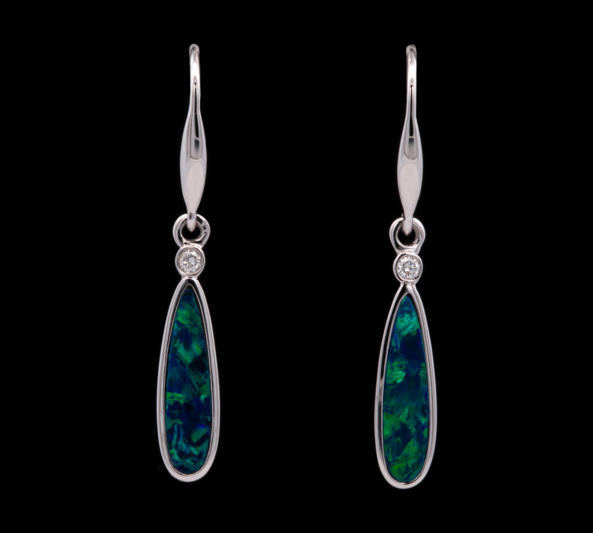 14K White Gold Elongated Oval Boulder Opal Dangle Earrings With Diamond Accents