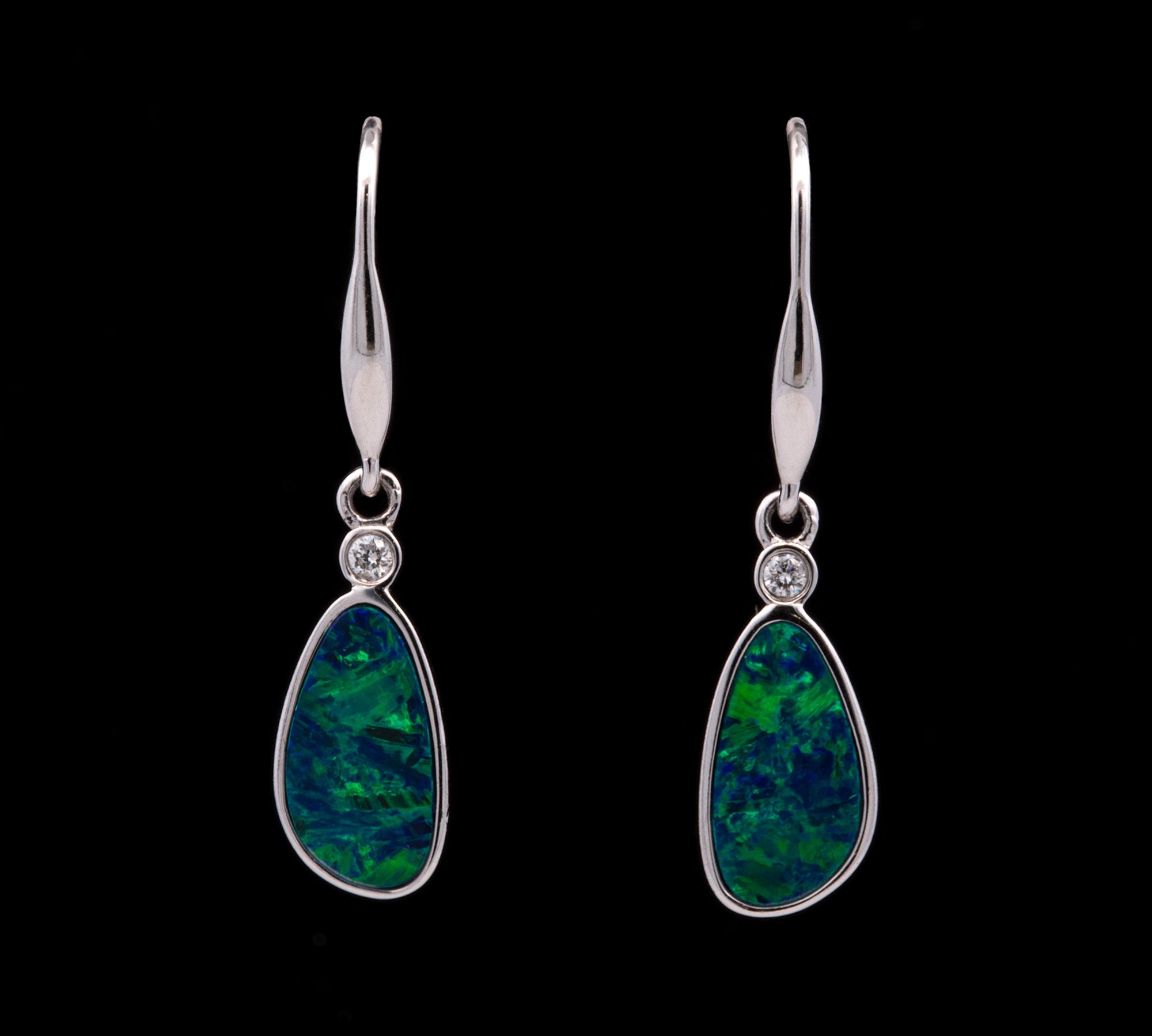 14K White Gold Oval Opal Drop Earrings with Diamond Accents