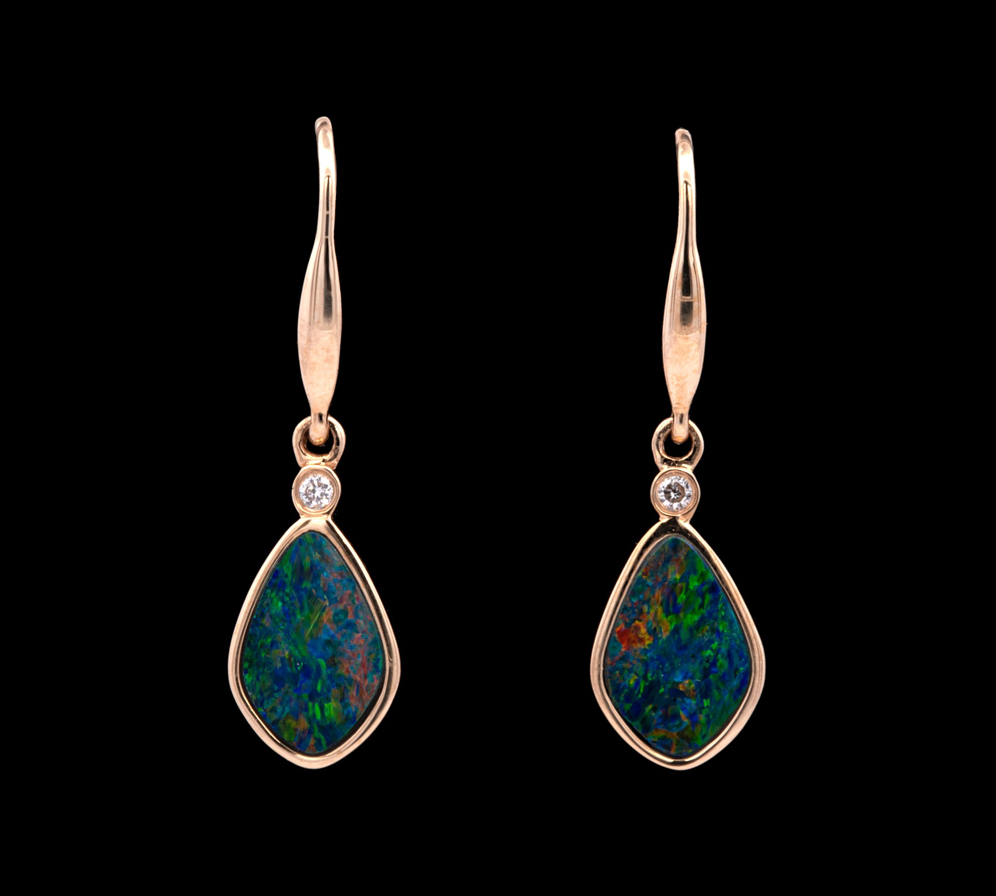 14K Yellow Gold Oval Opal Drop Earrings with Diamond Accents