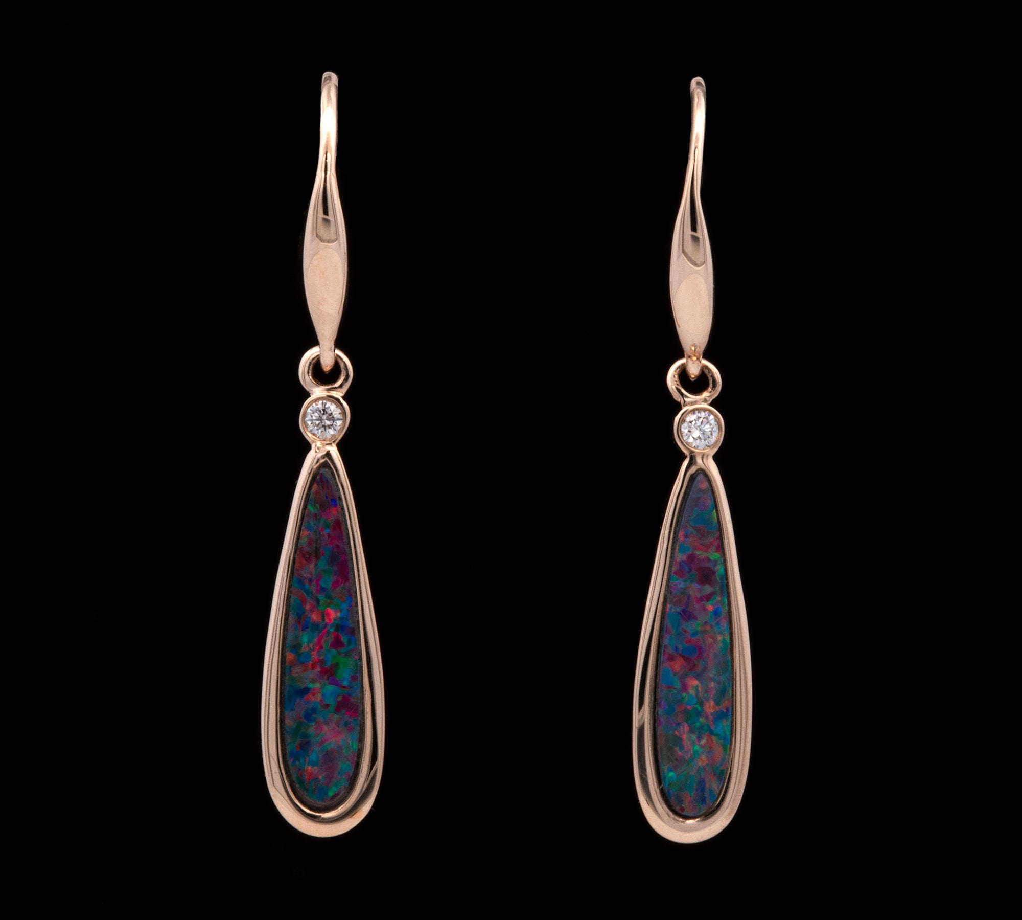 14K Yellow Gold Elongated Oval Opal Drop Earrings with Diamond Accents