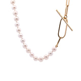 Custom 14K Yellow Gold Pearl And Paperclip Chain Necklace With Large Diamond Toggle, 18 Inches