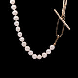 Custom 14K Yellow Gold Pearl And Paperclip Chain Necklace With Large Diamond Toggle, 18 Inches