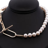 Custom 14K Yellow Gold Pearl And Paperclip Chain Necklace With Large Diamond Toggle, 18 Inches