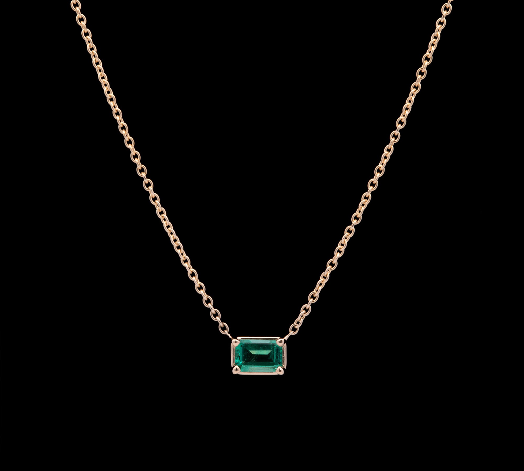 Custom 14K Yellow Gold Prong Set Emerald Necklace, 18 Inches