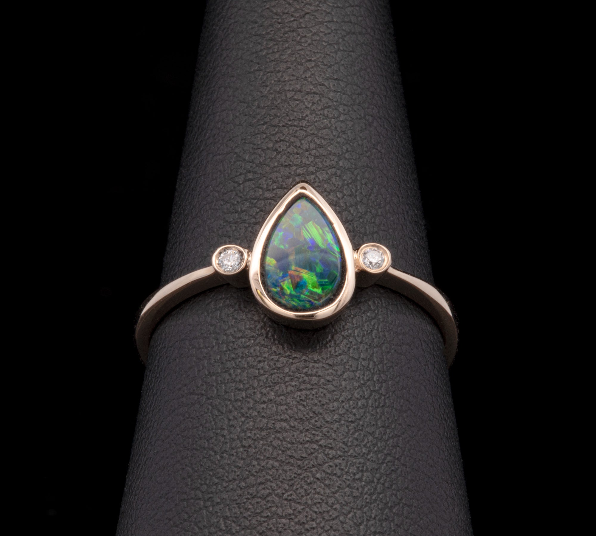 14K Yellow Gold Bezel Set Pear Shaped Boulder Opal Ring with Diamond Accents