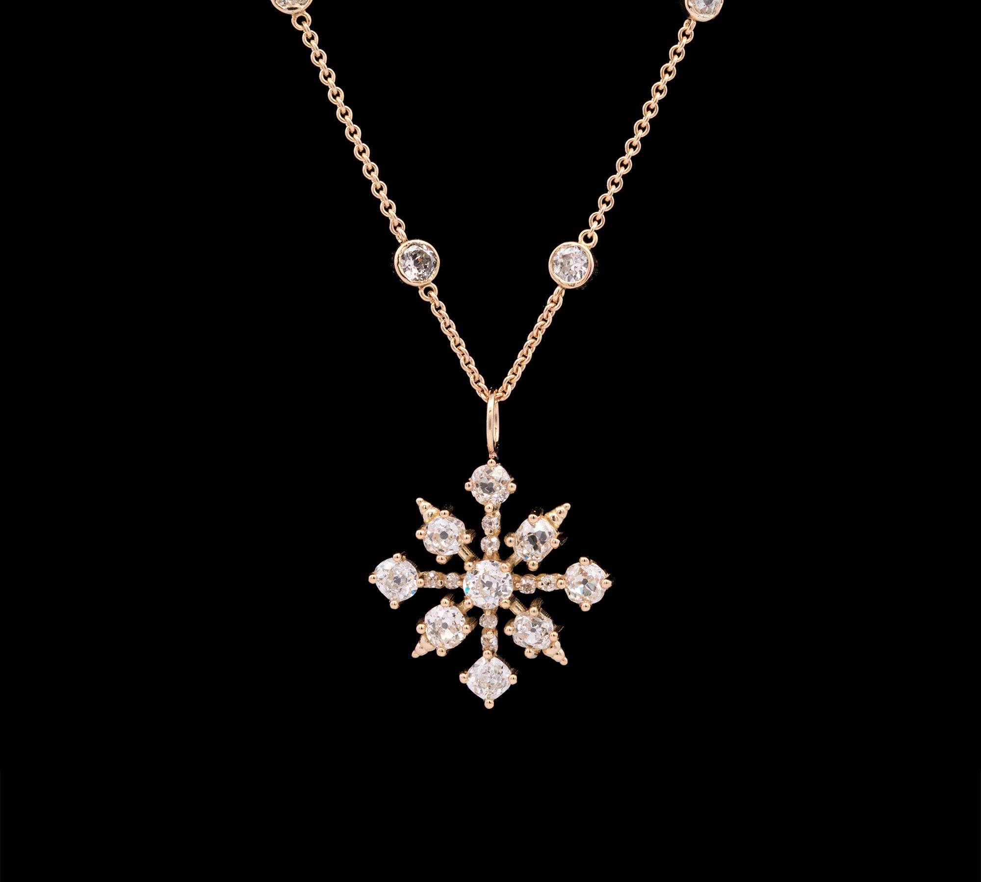 Custom 18K Yellow Gold Old Mine Cut Diamond Snowflake Pendant And 20 Inch Graduating Diamond Station Chain With Jump Ring At 18 Inches