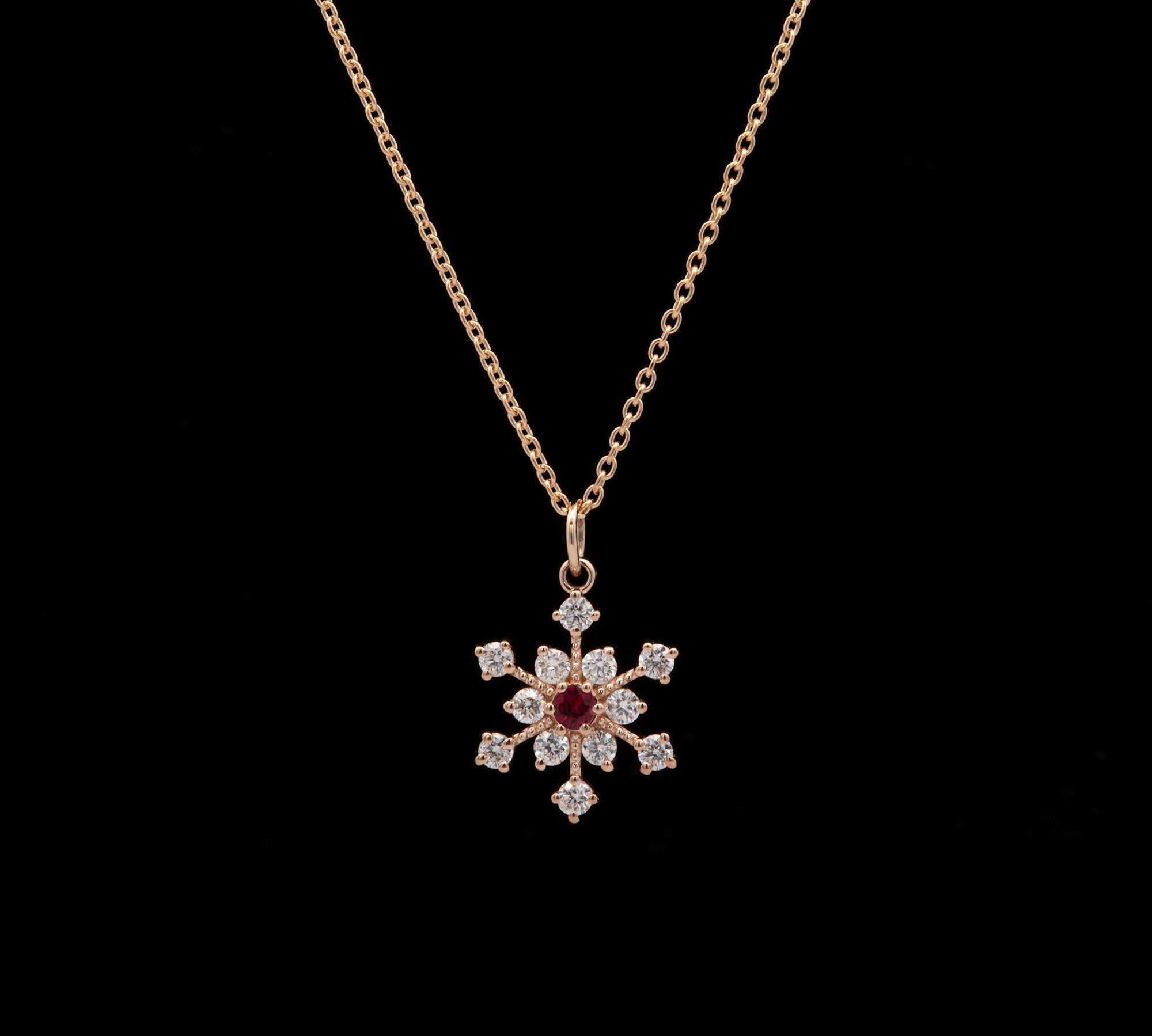 Waitsfield Ruby And Diamond Snowflake Pendant With 18 Inch Chain, 14K Yellow Gold