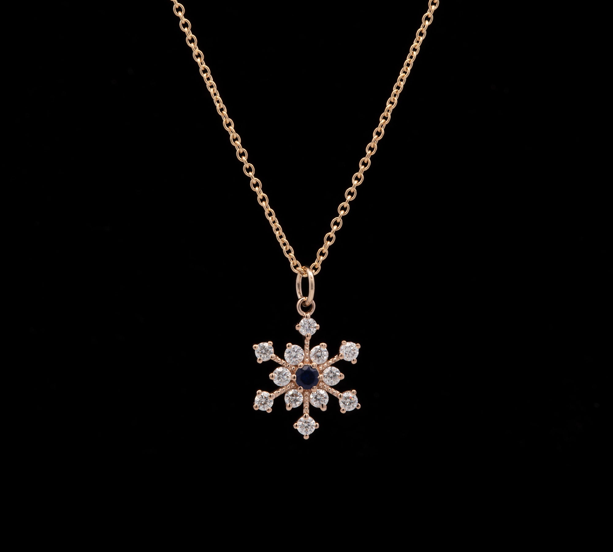 Waitsfield Sapphire And Diamond Snowflake Pendant With 18 Inch Chain, 14K Yellow Gold
