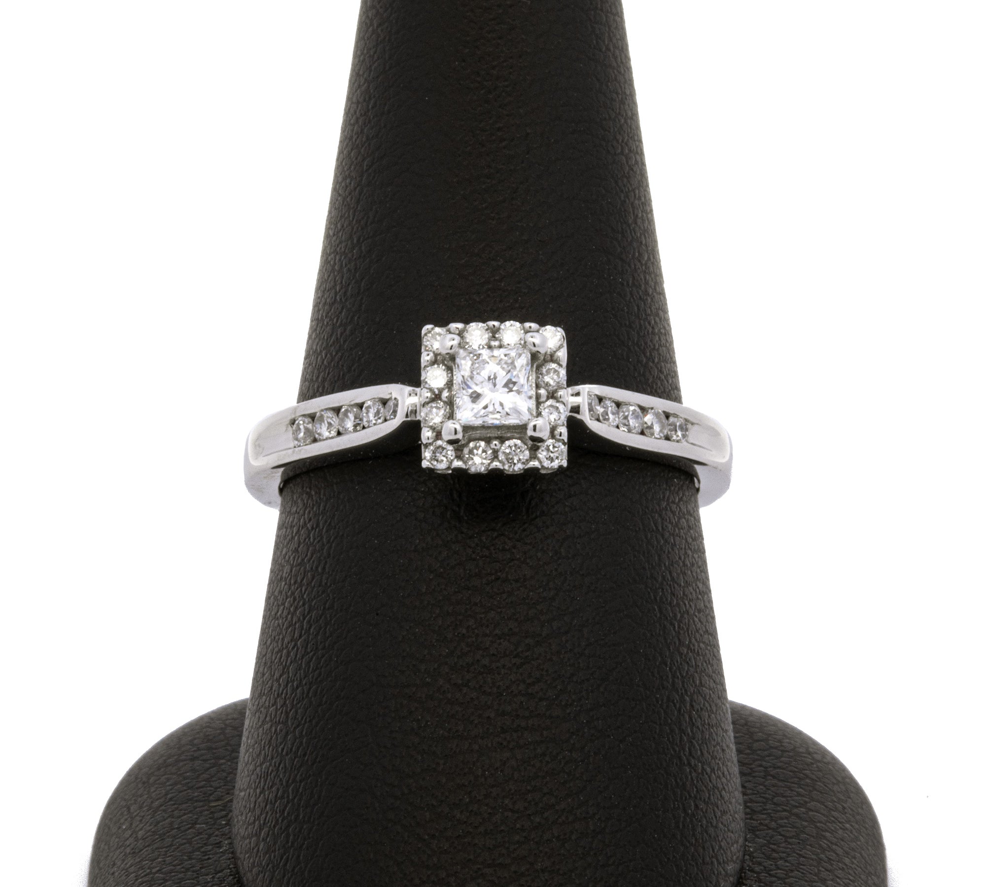 14K White Gold Square Diamond Ring With Round Accent Diamonds