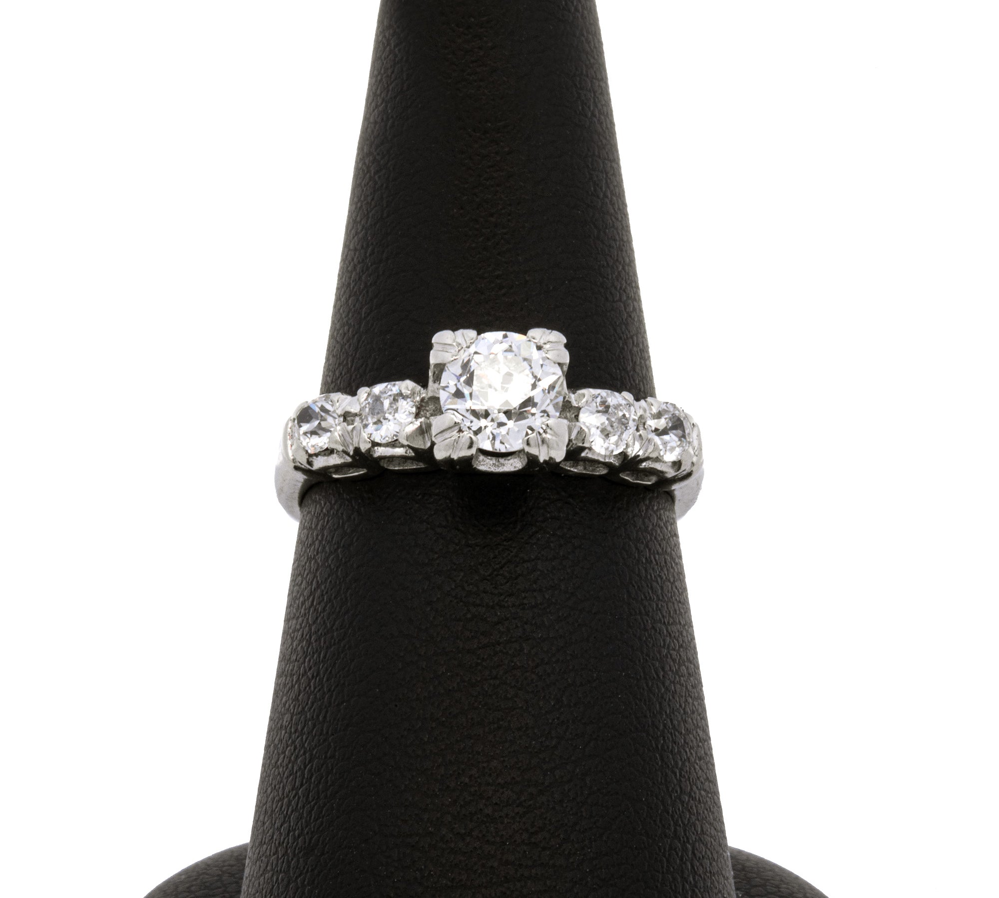 14K White Gold Old European Cut Diamond Ring With Side Accents