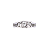 14K White Gold Three Princess Cut Diamonds With Diamond Halo Ring