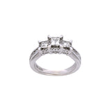 14K White Gold Three Princess Cut Diamonds With Diamond Halo Ring