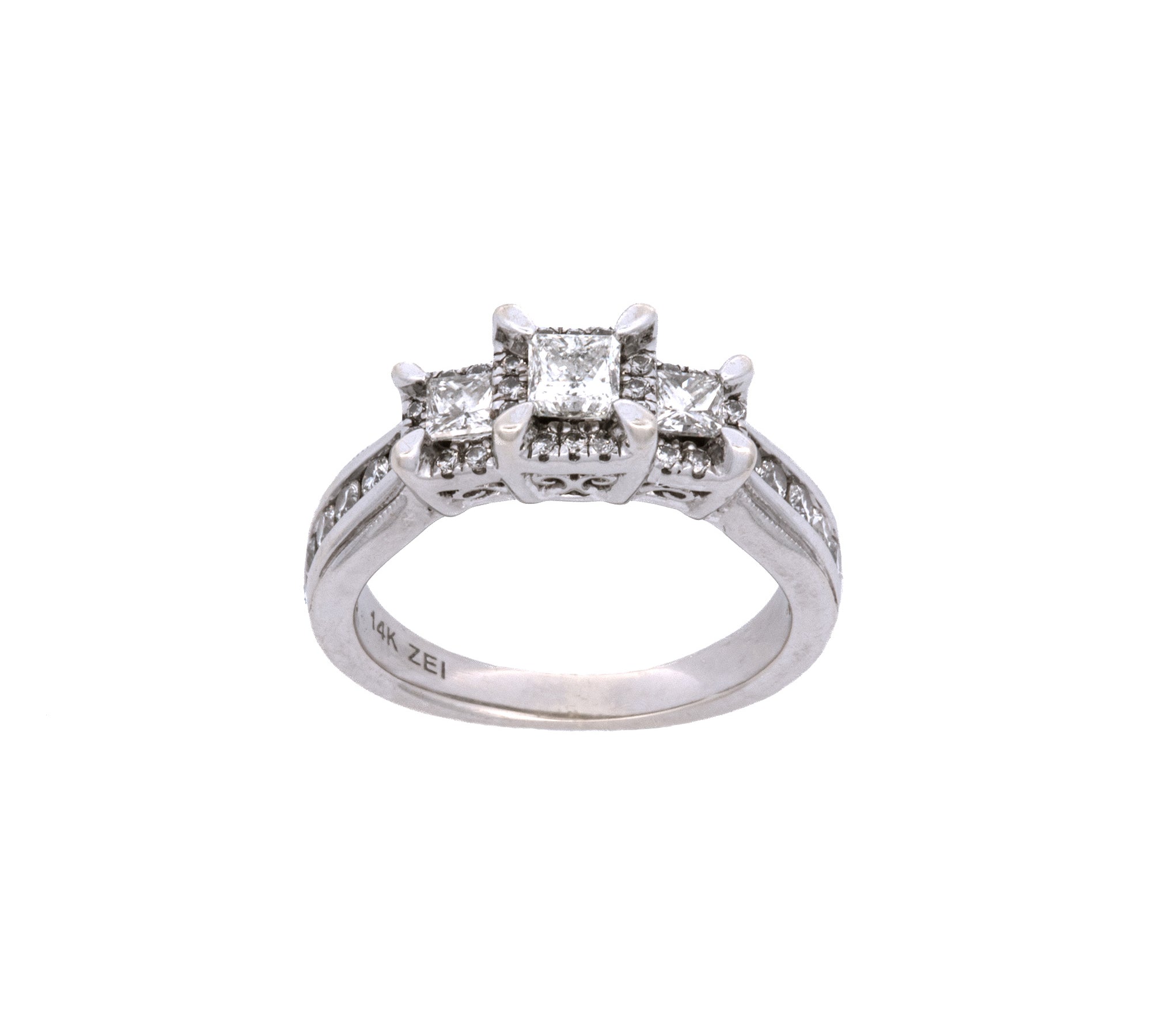 14K White Gold Three Princess Cut Diamonds With Diamond Halo Ring