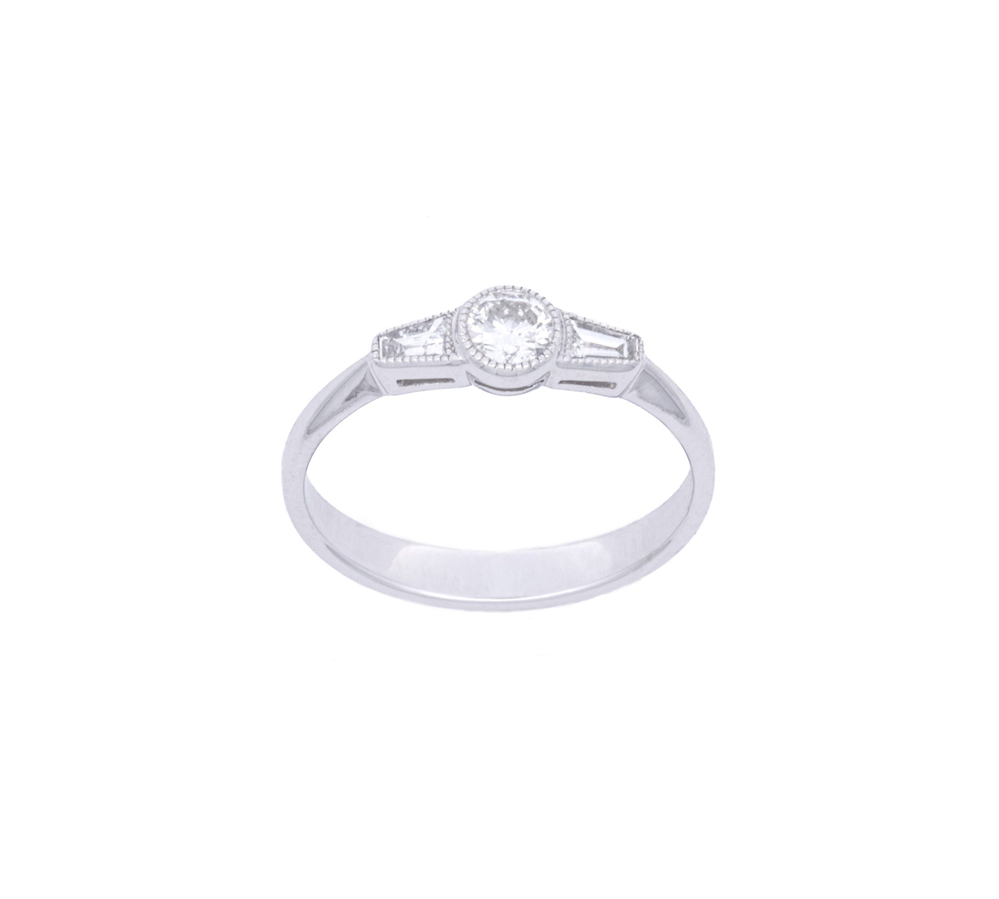 18K White Gold Three Stone Taper Diamond Ring