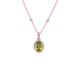 14K Yellow Gold Peridot and Diamond Halo Pendant With 18 Inch 9 Station Diamond Chain