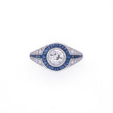 Platinum Old European Cut Diamond and Sapphire Ring