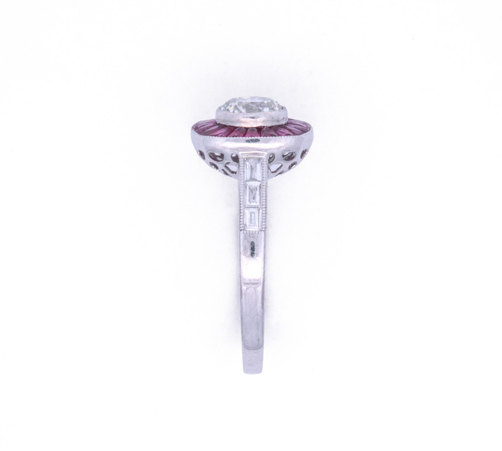 18K White Gold French Cut Ruby and and Diamond Ring