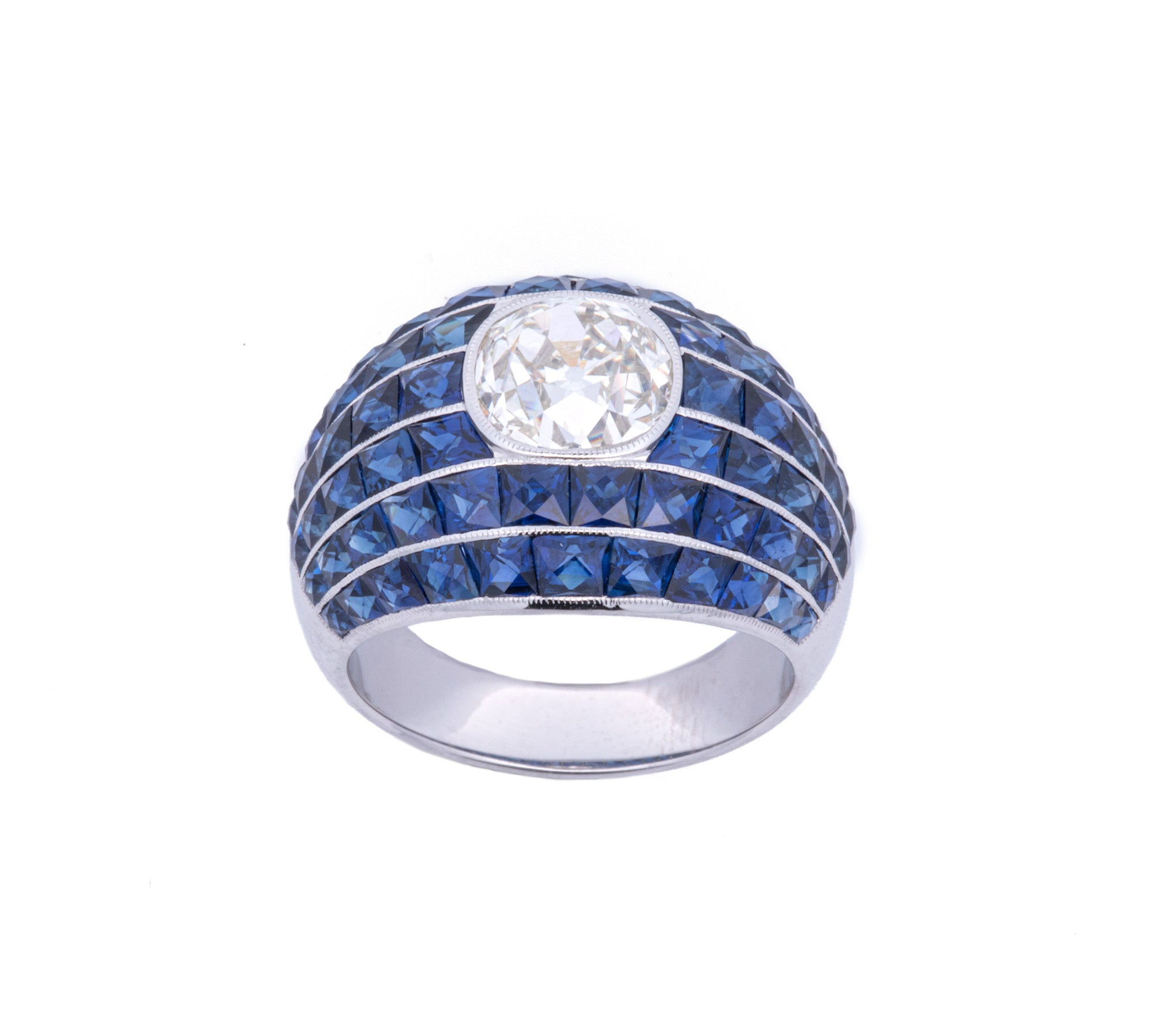 Platinum Old Mine Cut Diamond and French Sapphire Ring