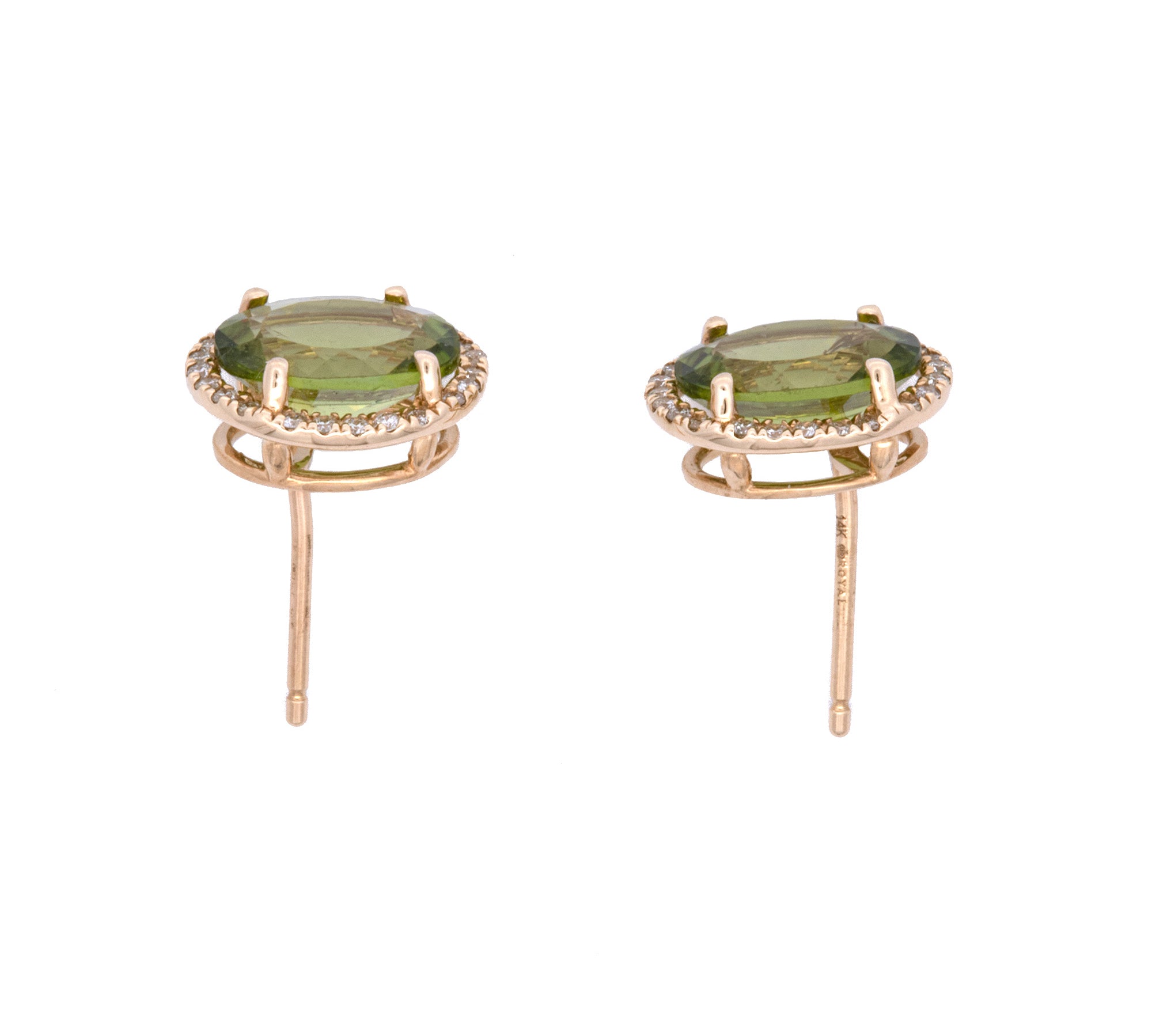 14K Yellow Gold Peridot And Diamond Halo Stud Earrings