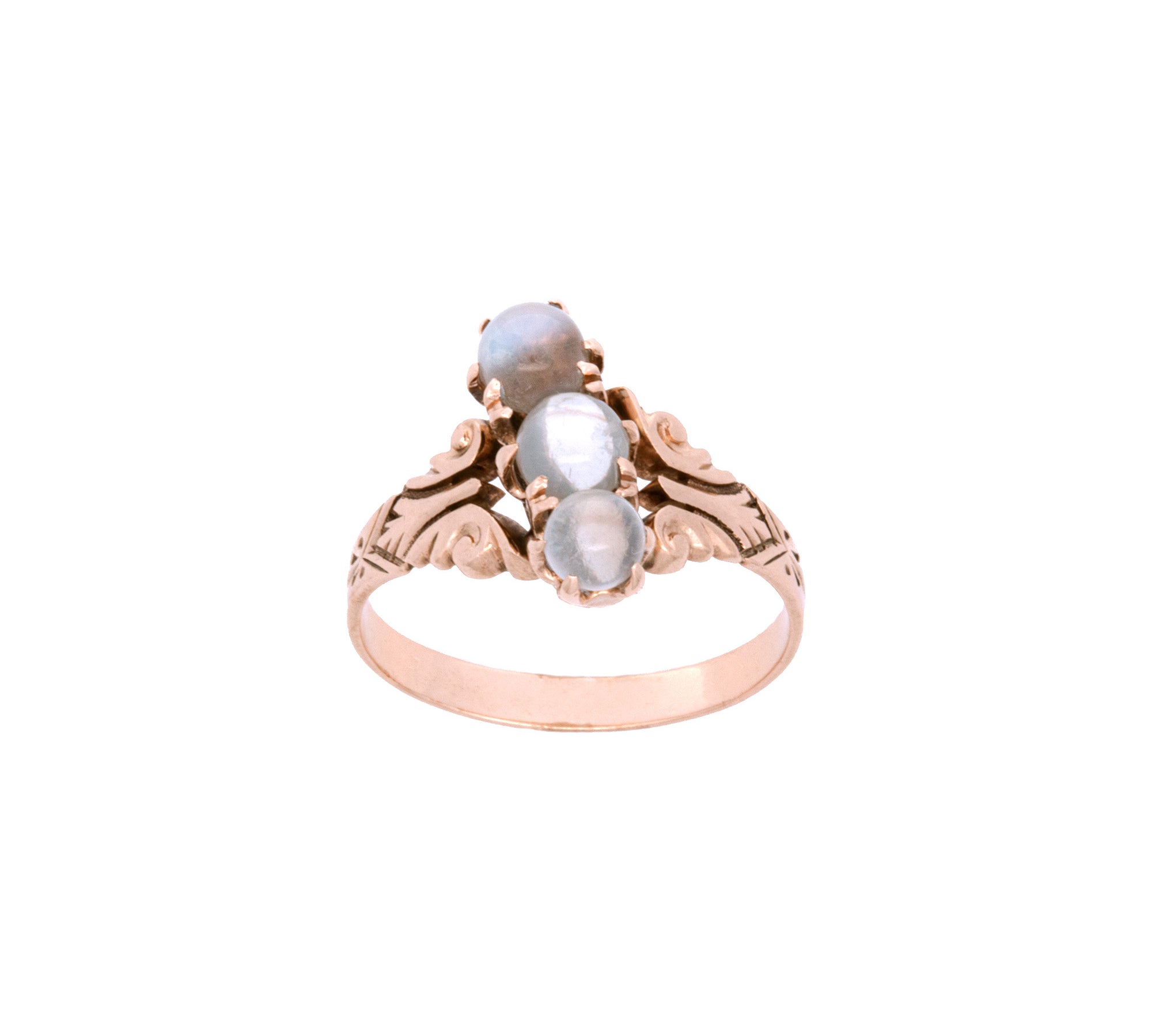 9K Yellow Gold Vintage Three Stone Round Moonstone Ring
