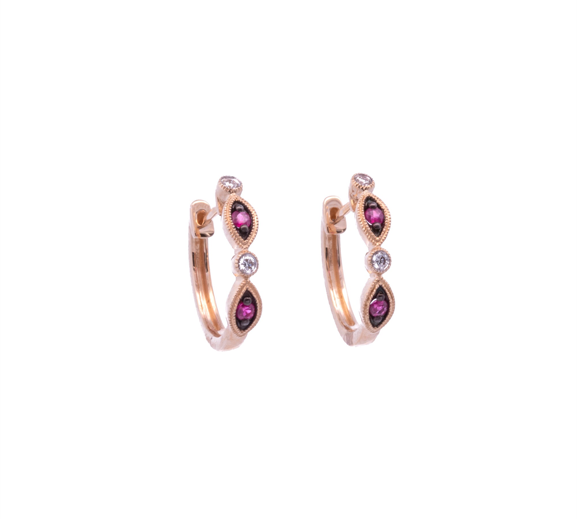 14K Yellow Gold Ruby and Diamond Huggie Earrings