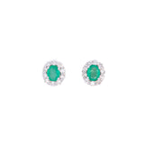 14K White Gold Emerald with Diamond Halo Stud Earrings