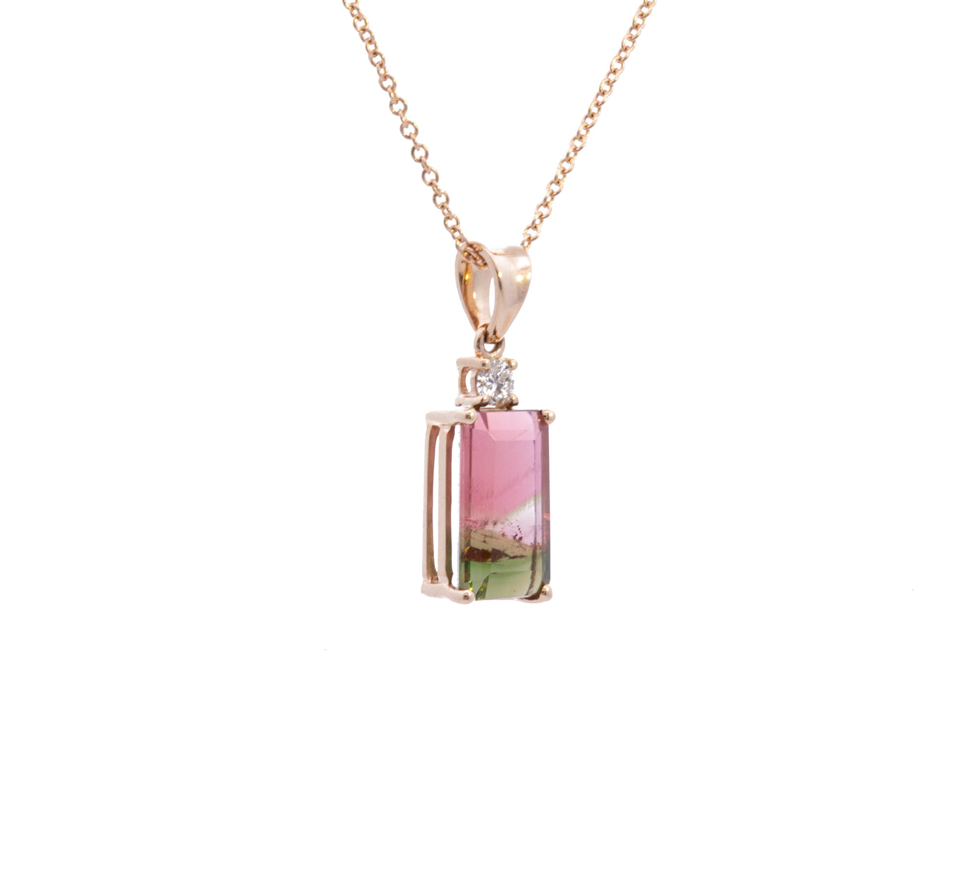 14K Yellow Gold Watermelon Tourmaline and Diamond Pendant