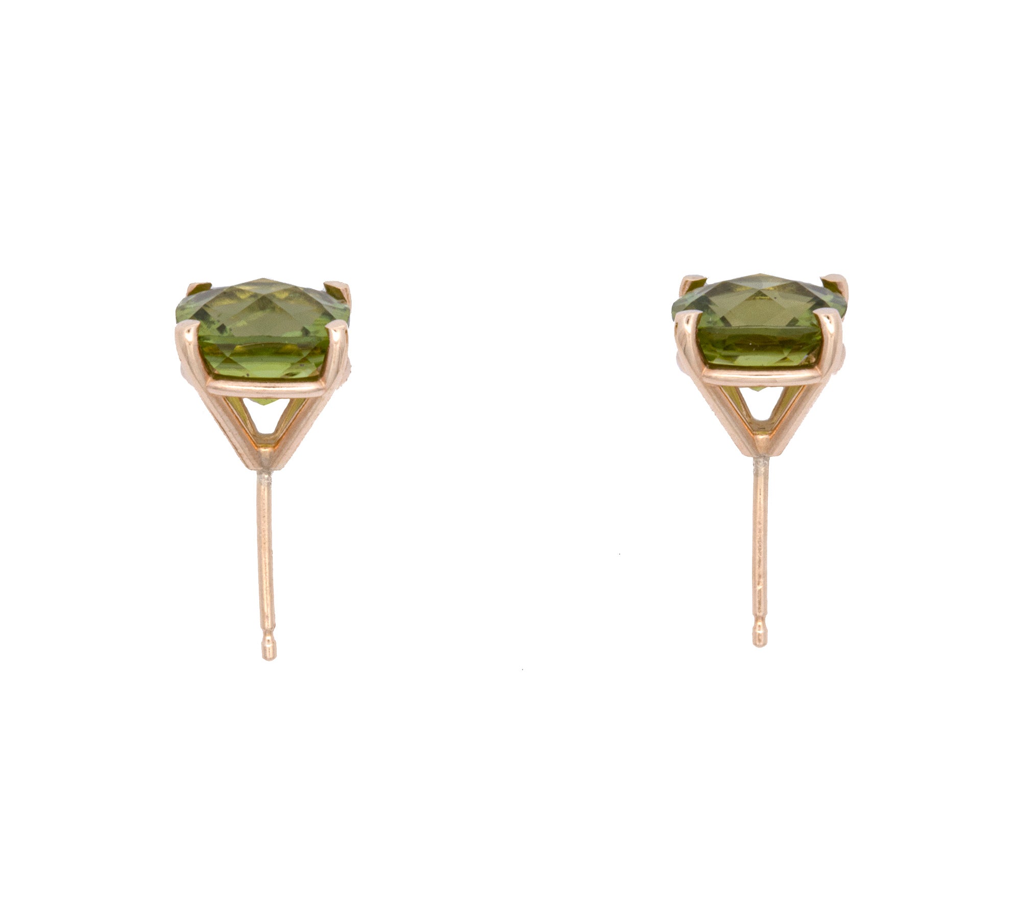 14K Yellow Gold Checkerboard Cushion Cut Peridot Stud Earrings