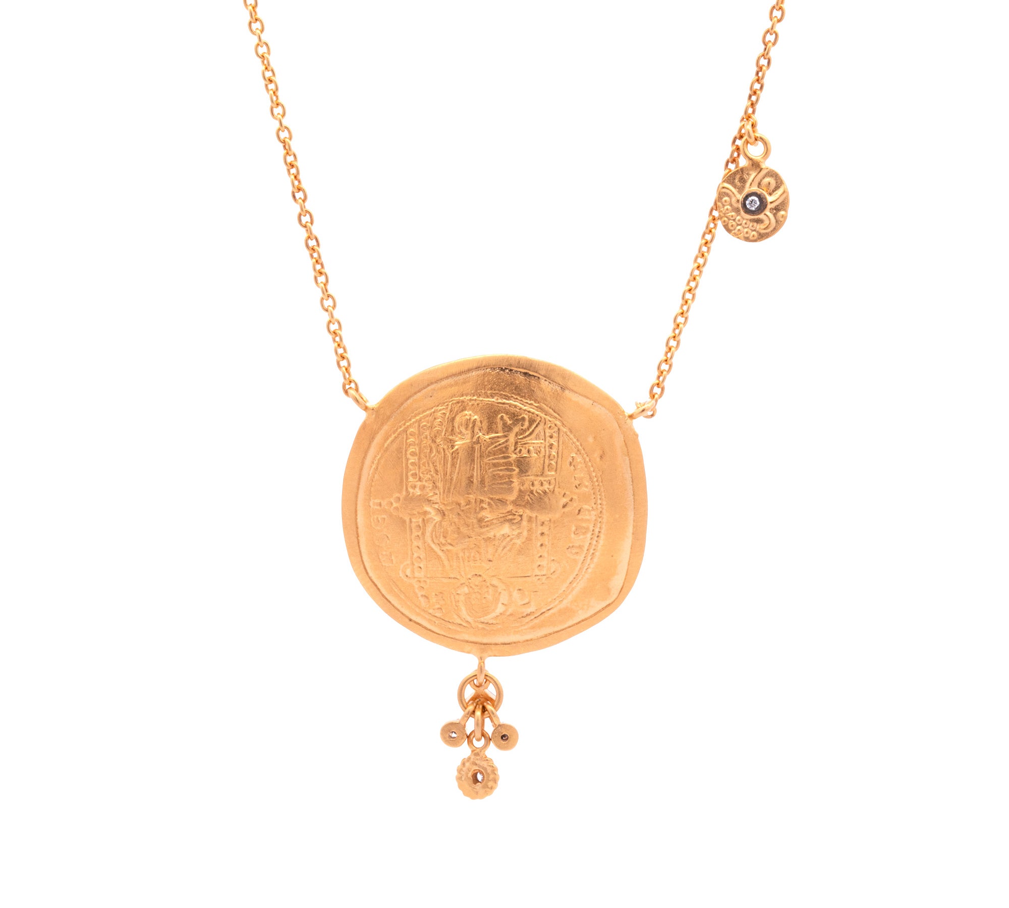 24K Yellow Gold And Sterling Silver Coin Necklace With Diamond Aceents