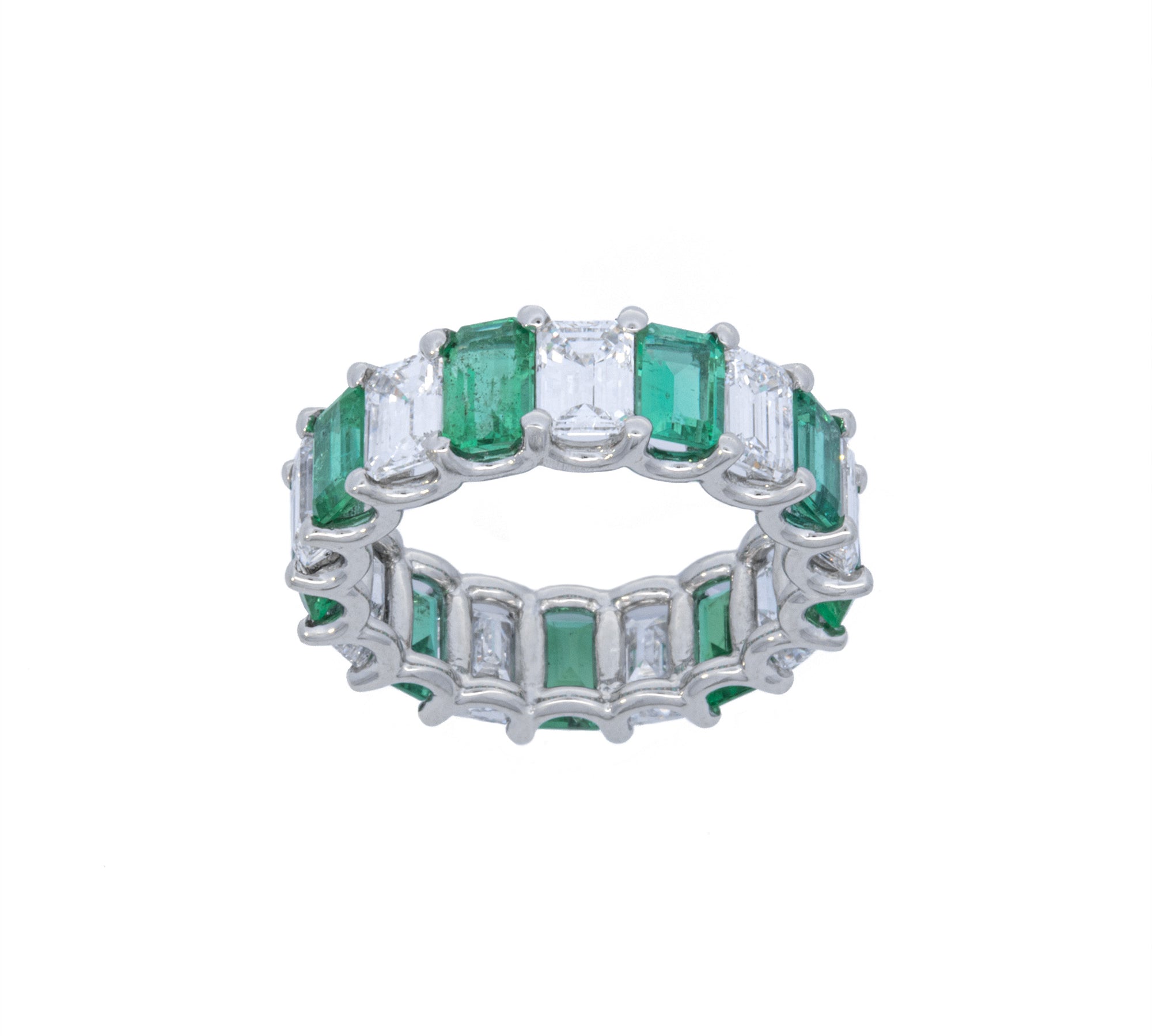 Custom Made Platinum Emerald Cut Diamond and Green Emerald Eternity Band
