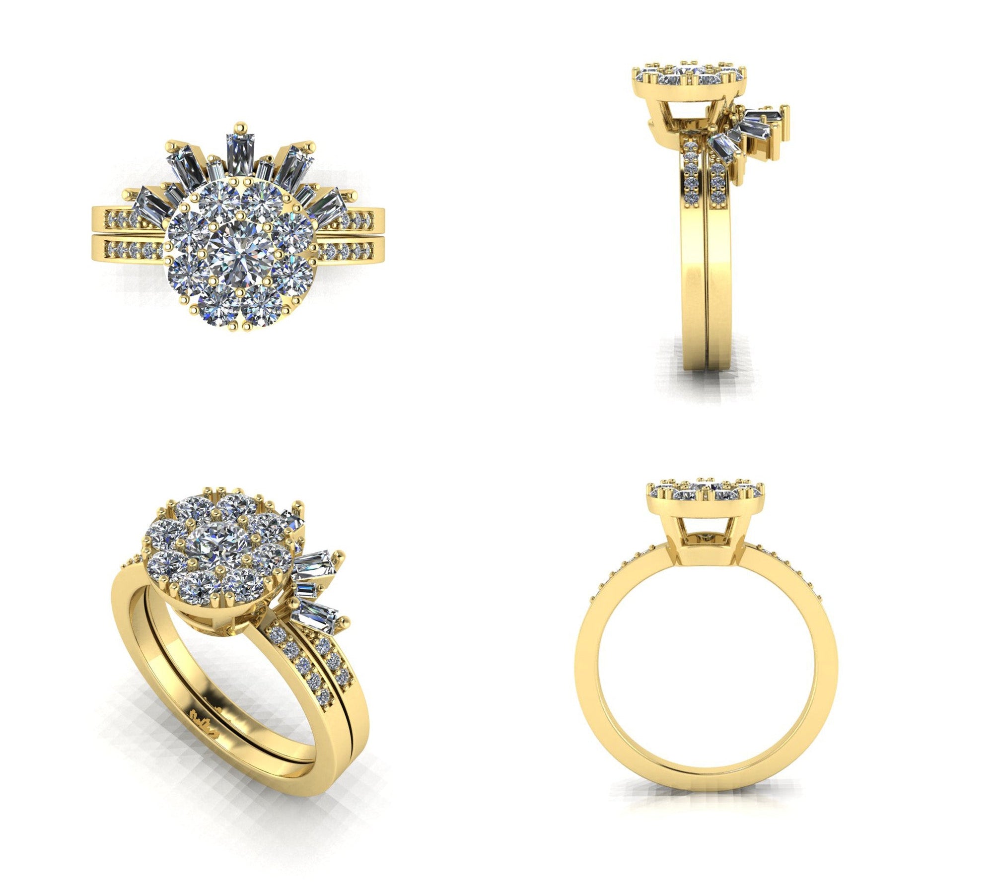Custom 14K Yellow Gold Cluster "Illusion" Set Diamond Ring And Contoured Diamond Wedding Band