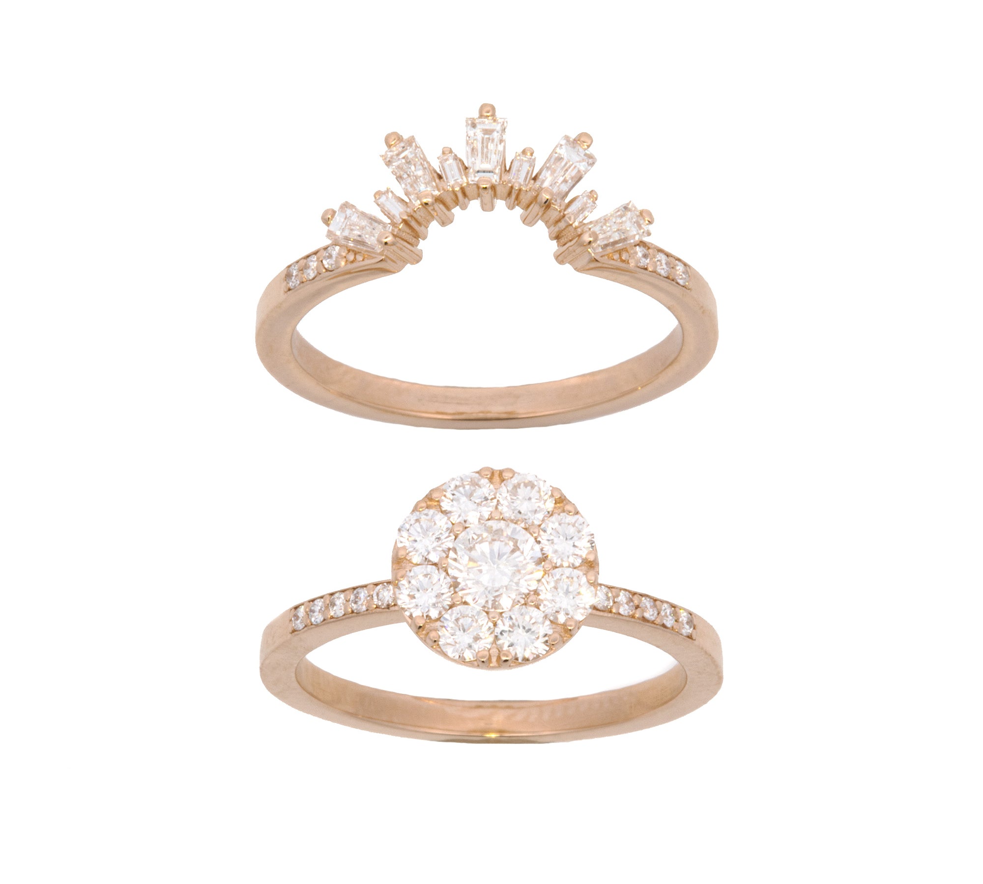 Custom 14K Yellow Gold Cluster "Illusion" Set Diamond Ring And Contoured Diamond Wedding Band