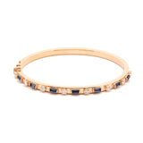 Custom 18K Yellow Gold 4mm Blue Baguette Sapphire And Round Diamond Hinged Bracelet