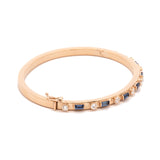 Custom 18K Yellow Gold 4mm Blue Baguette Sapphire And Round Diamond Hinged Bracelet