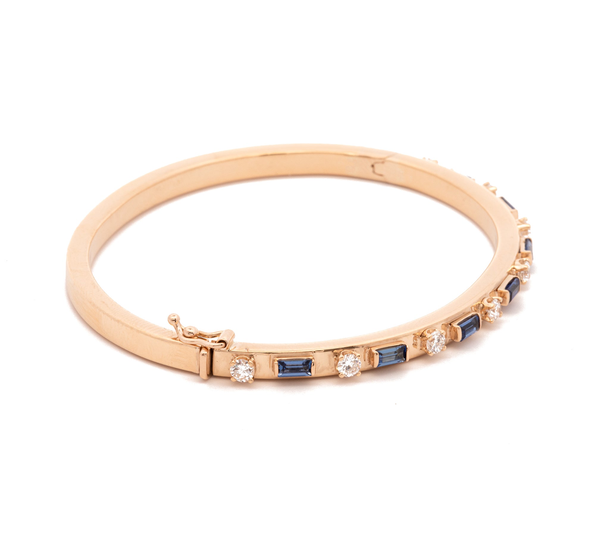 Custom 18K Yellow Gold 4mm Blue Baguette Sapphire And Round Diamond Hinged Bracelet