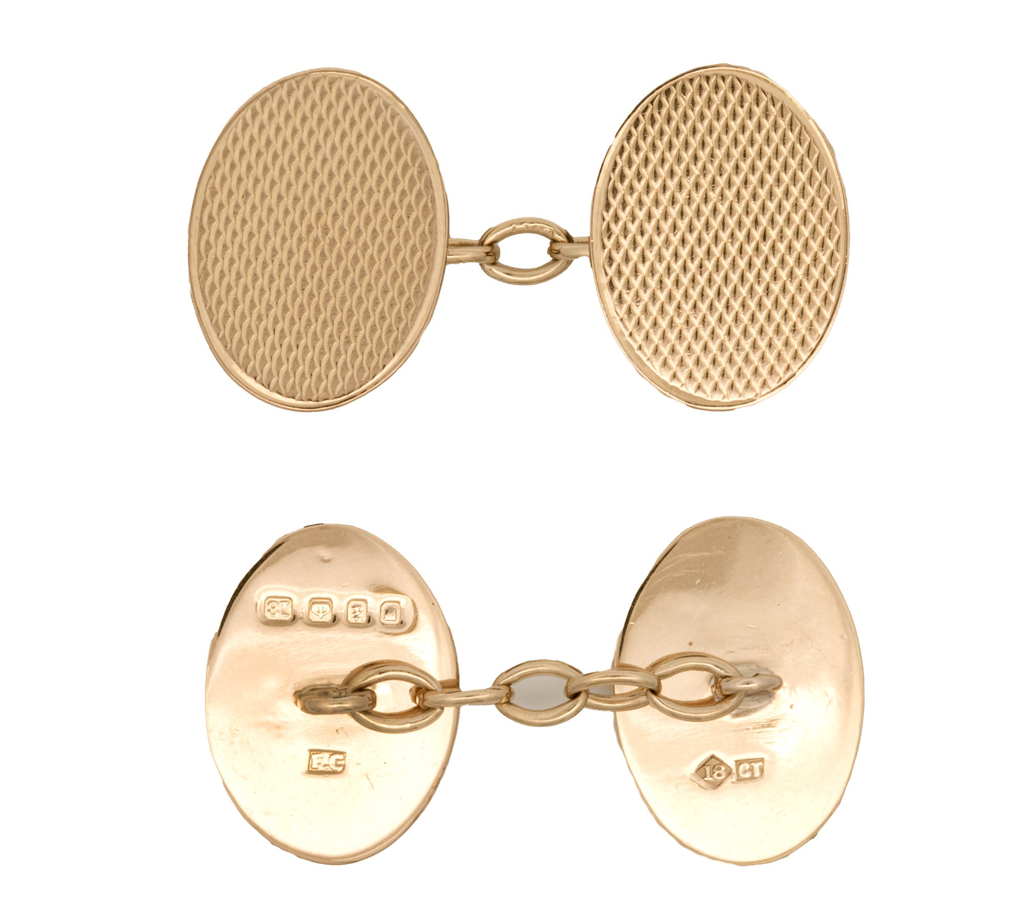18K Yellow Gold English Textured Oval 4 Ornament Cufflinks