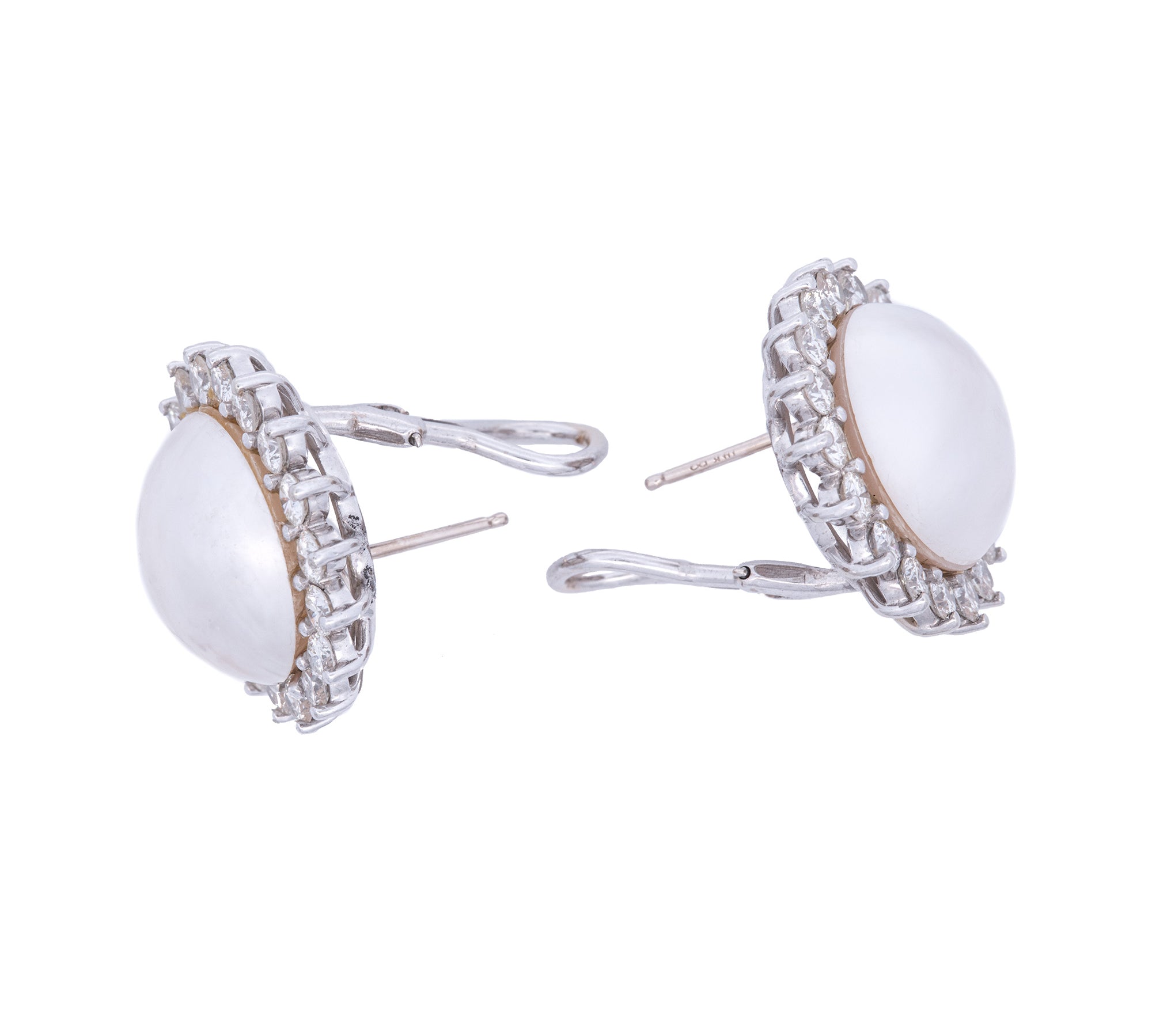 14K White Gold Mabe Pearl And Diamond Earrings With Omega And Post Backing