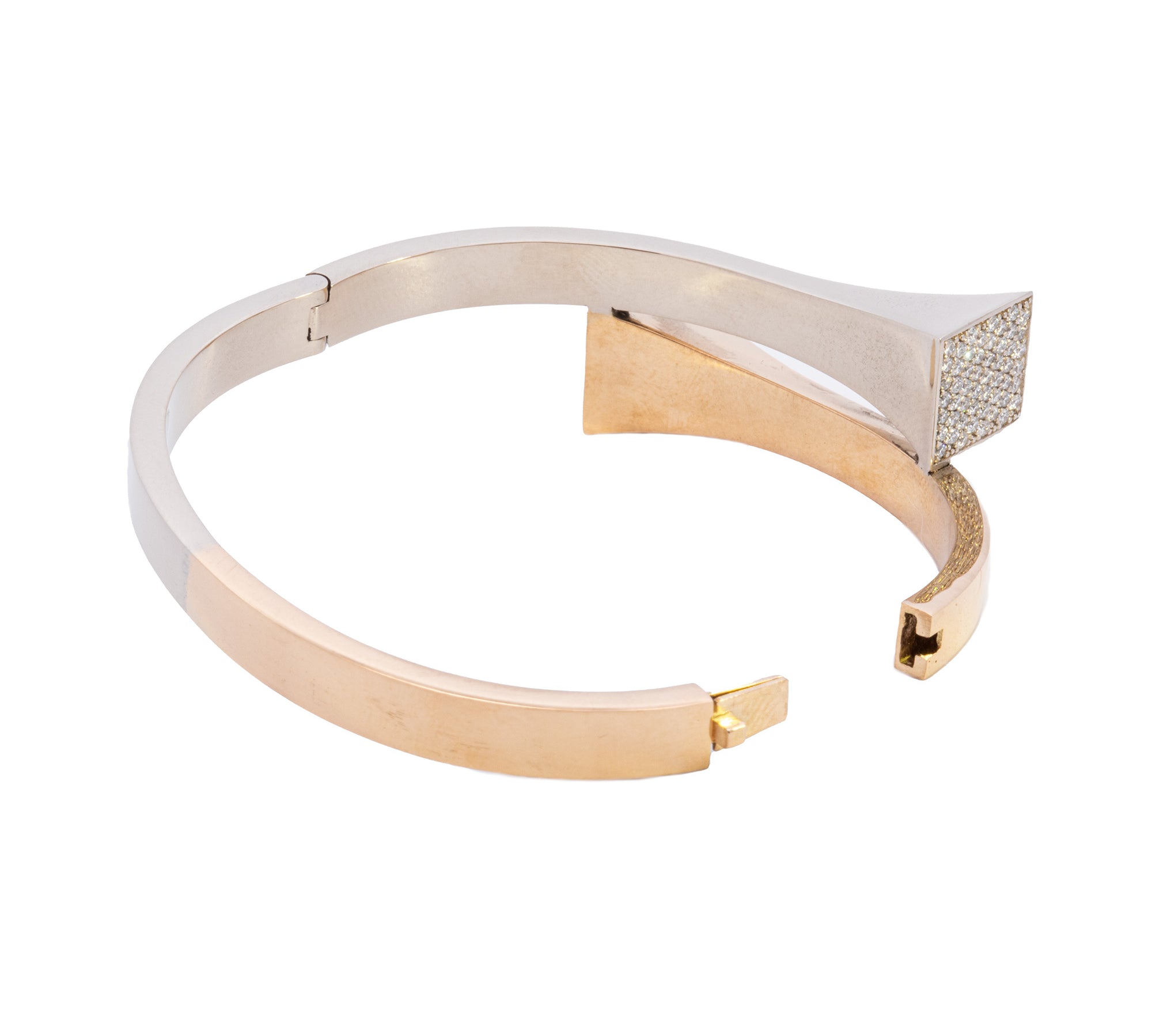 18K Yellow And White Custom Made Gold Diamond Nail Head "Bypass" Hinged Bracelet